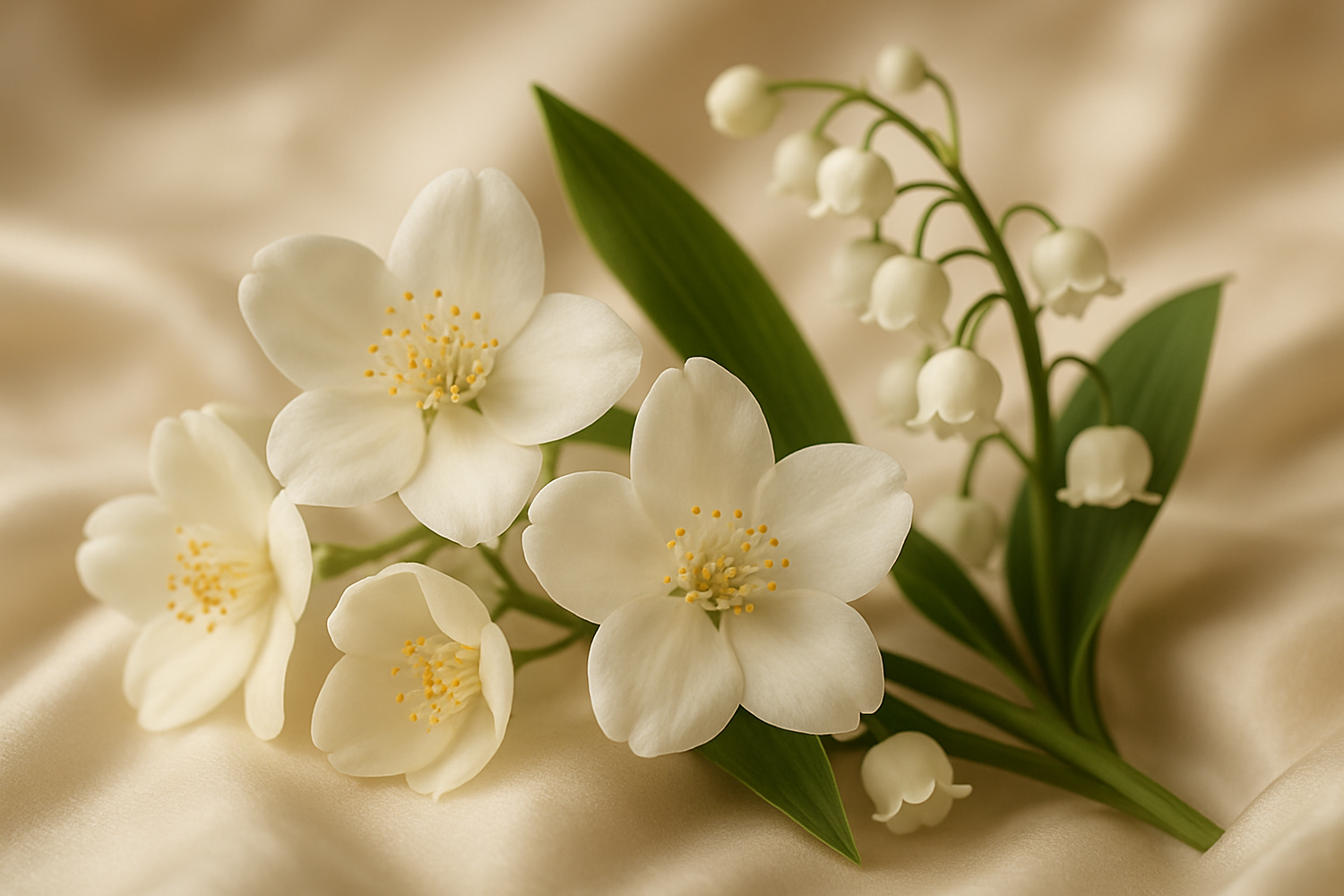 Give ingredient photo based on this description - Blending jasmine, and lily of the valley, which transmit a pleasant sensation of irresistible sensuality