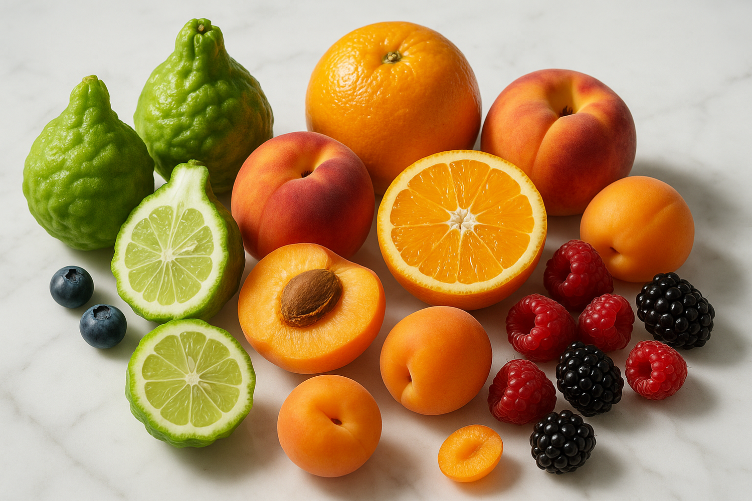 Give ingredient image based on this description - The fragrance opens with a lively medley of bergamot, juicy fruits, and sun-kissed orange, creating an instant uplift.