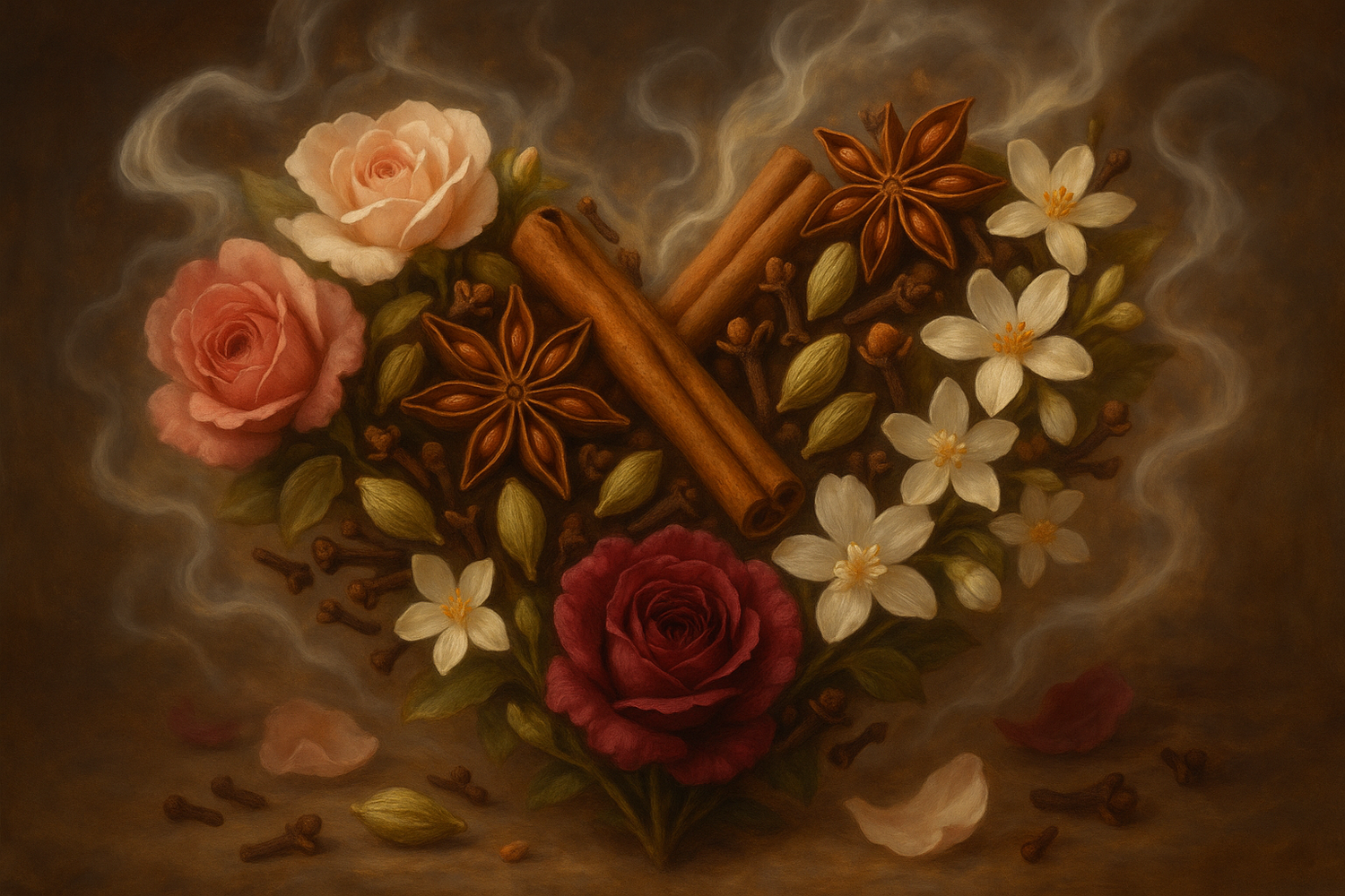 Give image based on the story - A heart of spice and florals unfolds, rich and magnetic. Aromatic whispers drift on the breeze, both bold and tender