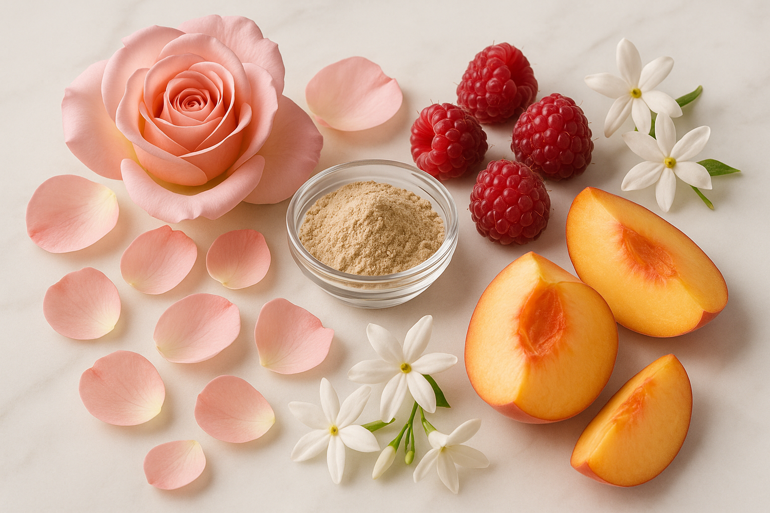 Give ingredient image - Then it blends of delicate with florals and fruits, featuring orris, rose, raspberry, peach, and jasmine, creating a sweet, floral complexity