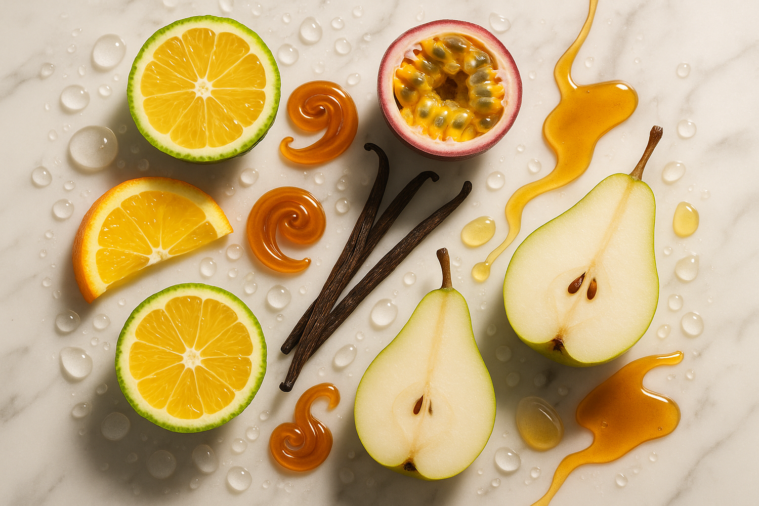 Give me ingredient image based on the following - This playful and luxurious fragrance opens with a delightful blend of aqueous, fruity, bergamot, and gourmand notes, offering a fresh yet indulgent introduction