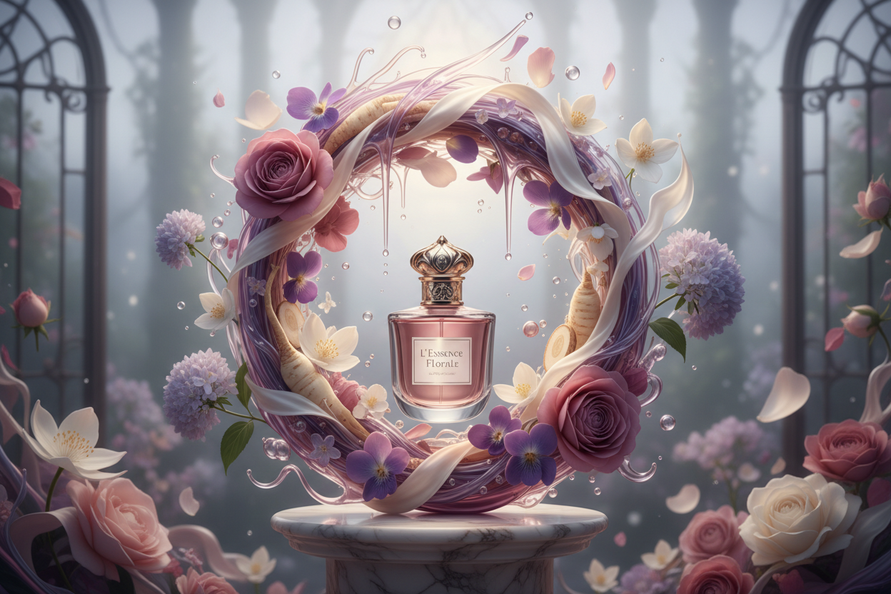 Give story image - At its heart, a seamless fusion of violet, orris, and rose evokes a soft floral sophistication, enriched by jasmine and heliotrope
