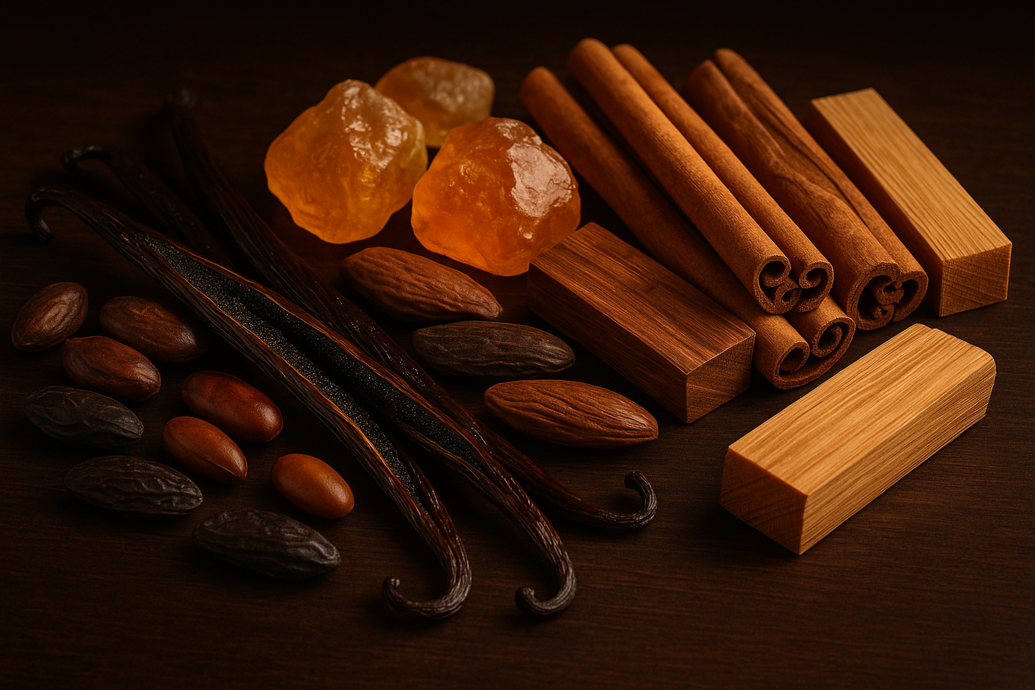 Give ingredient image based on this story - The gourmand nature of the fragrance is beautifully complemented by added touches of woody notes