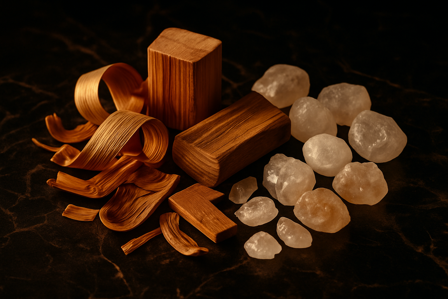 Give ingredient photo based on this story - This ends with an emphasis on the sultry sandalwood that resonates perfectly with the tender musk