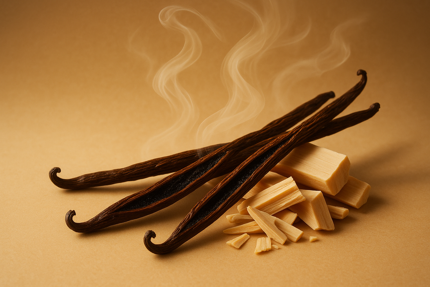 Give ingredient photo based on this story - the scent settles into a warm, comforting base of musk, vanilla, and creamy sandalwood for a lasting, sensual finish