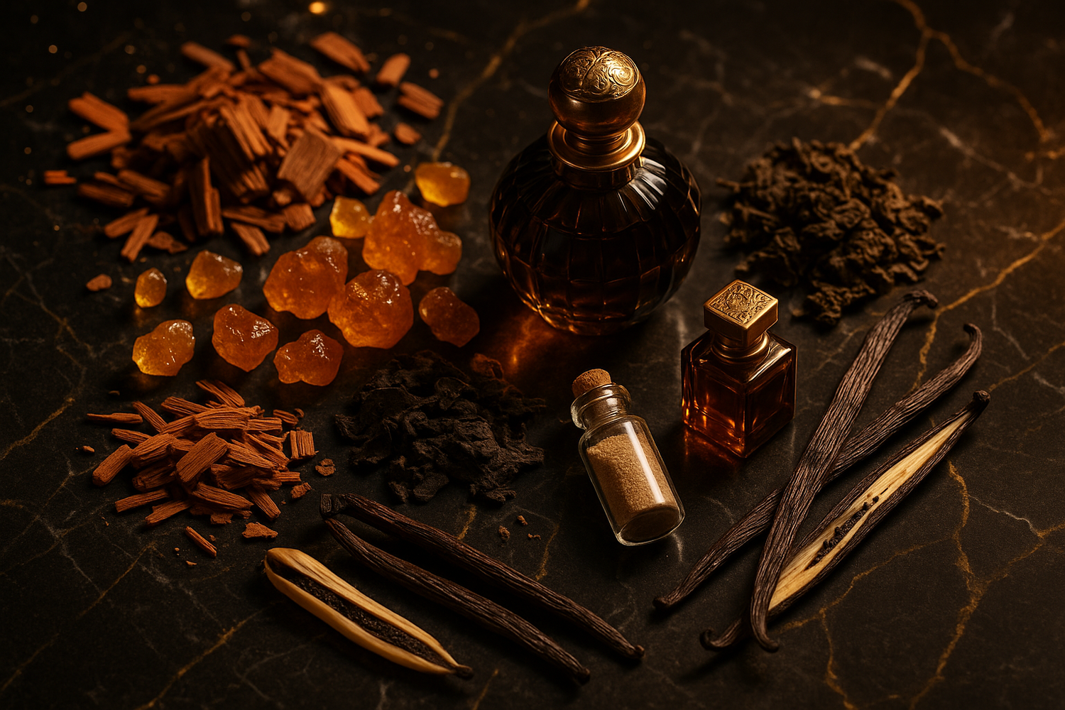 Give me ingredient photo based of this - the scent settles into a rich, sensual base of cedarwood, amber, musk, patchouli, and creamy vanilla. Elegant, opulent, and unforgettable