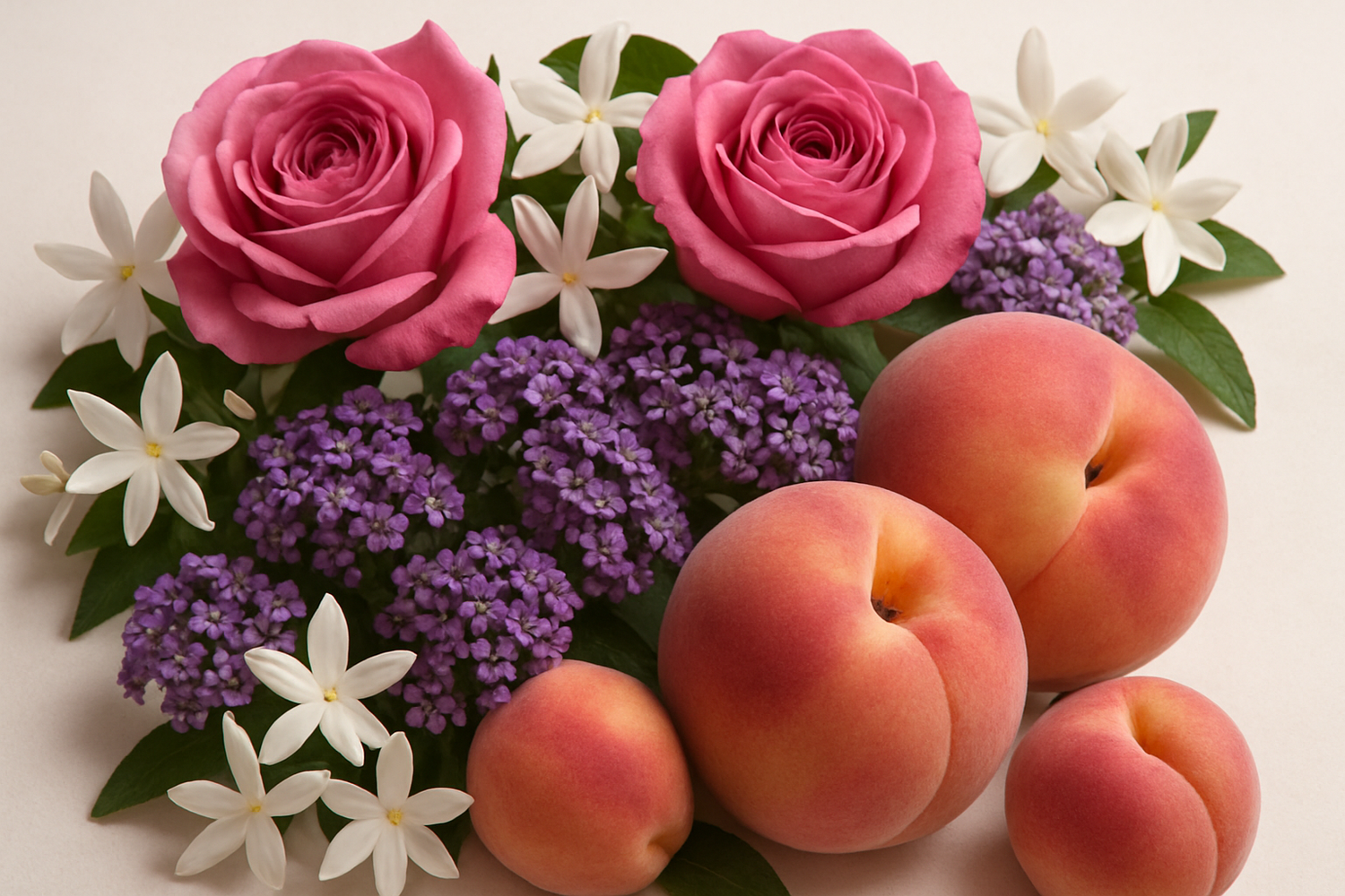 Give ingredient photo based on this story - At its heart, a lush floral bouquet of rose, jasmine, and heliotrope is sweetened by juicy peach