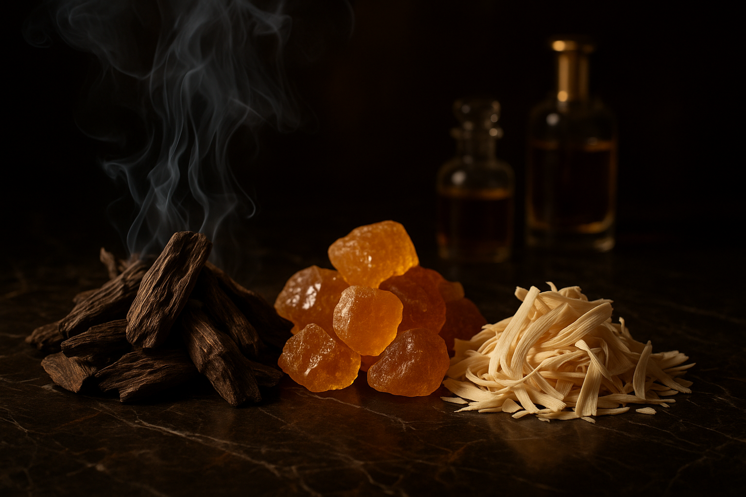 Give ingredient photo of this story - Anchored by a powerful base of smoky oud, golden amber, and creamy sandalwood