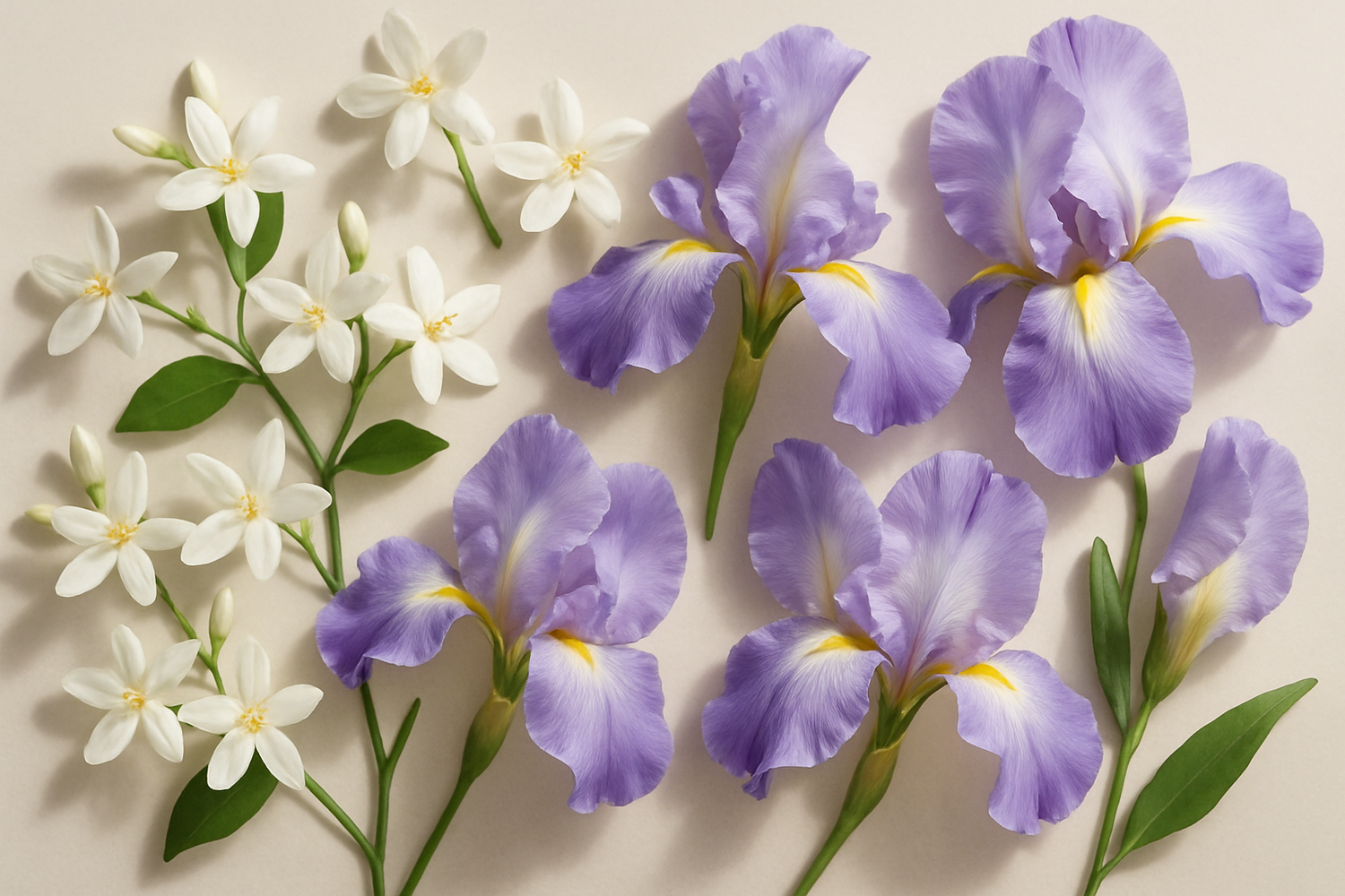 Give ingredient photo of this fragrance story - The heart blooms with graceful jasmine and soft iris, adding a touch of elegance