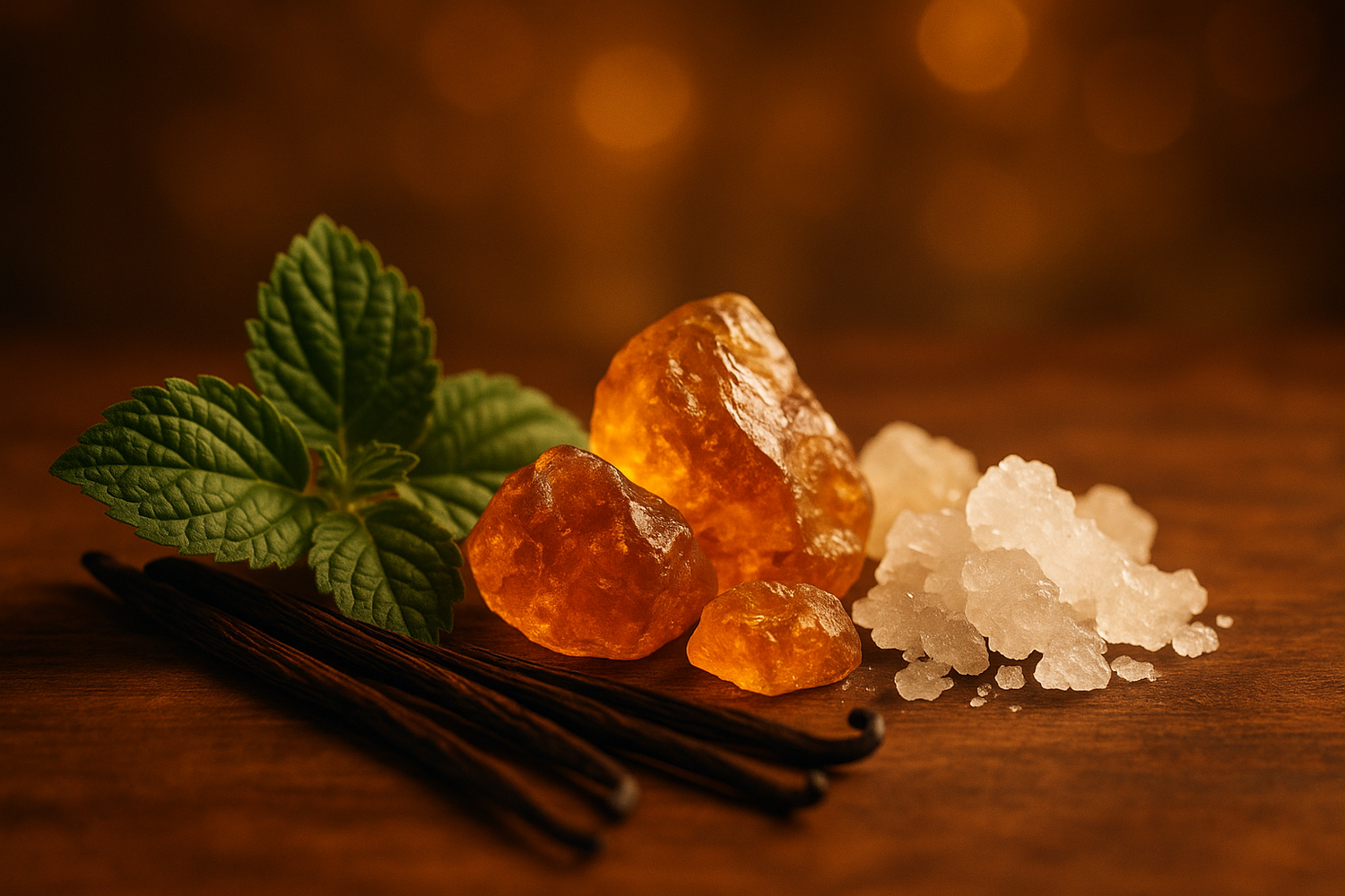 Give ingredient photo based on this story - It dries down to a warm, sensual base of patchouli, amber, vanilla, and musk, leaving a lasting trail of floral warmth and allure.
