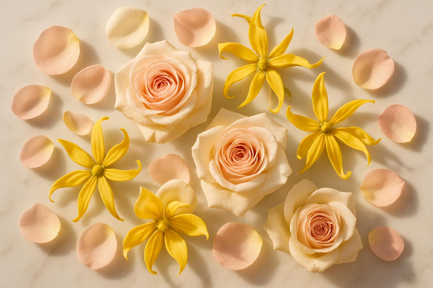 Give ingredient image based on this story - The heart unfolds with the soft, romantic bloom of rose and the exotic warmth of ylang-ylang.