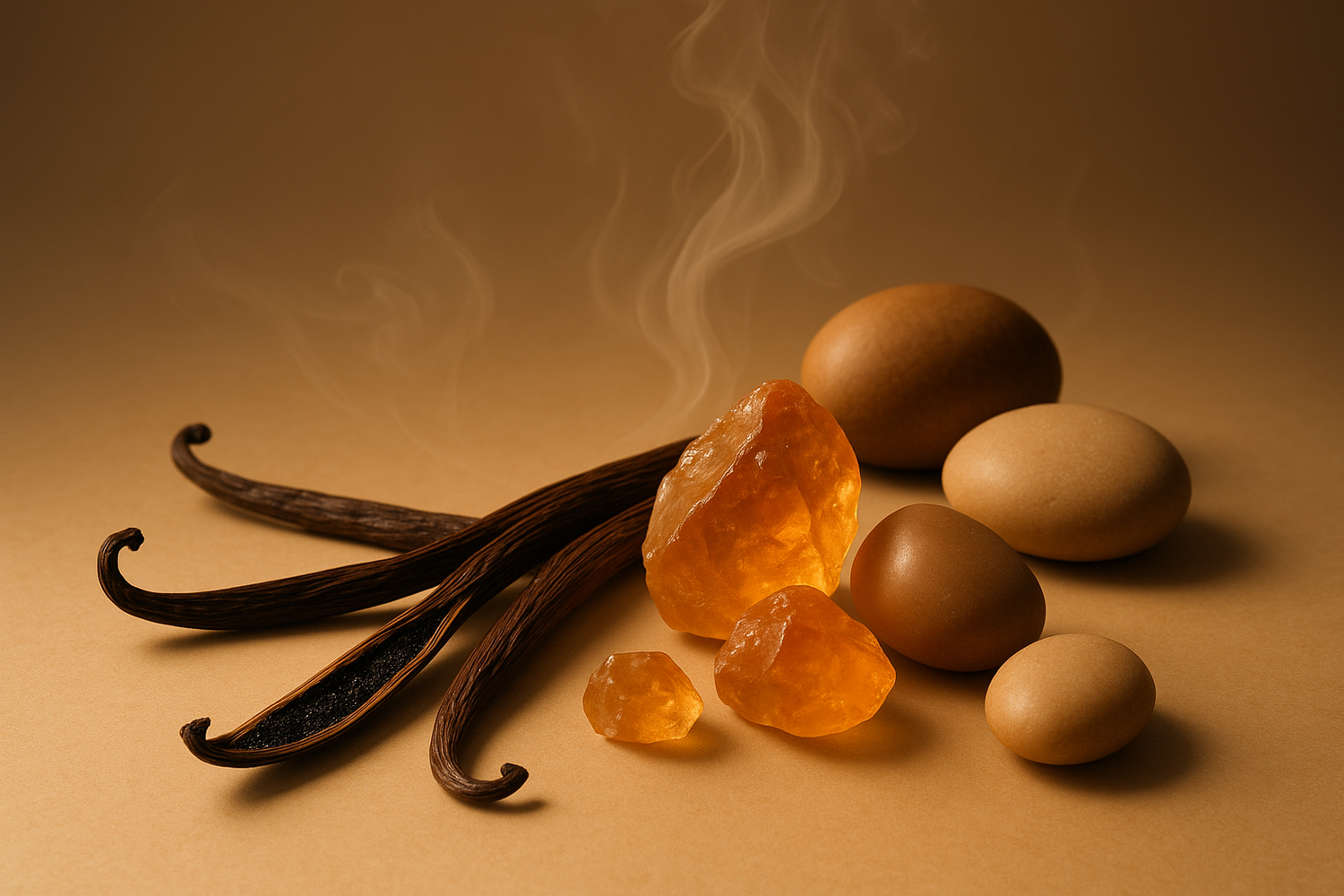Give ingredient image based on this story - At the base, smooth vanilla and sensual musk create a comforting, yet sophisticated finish