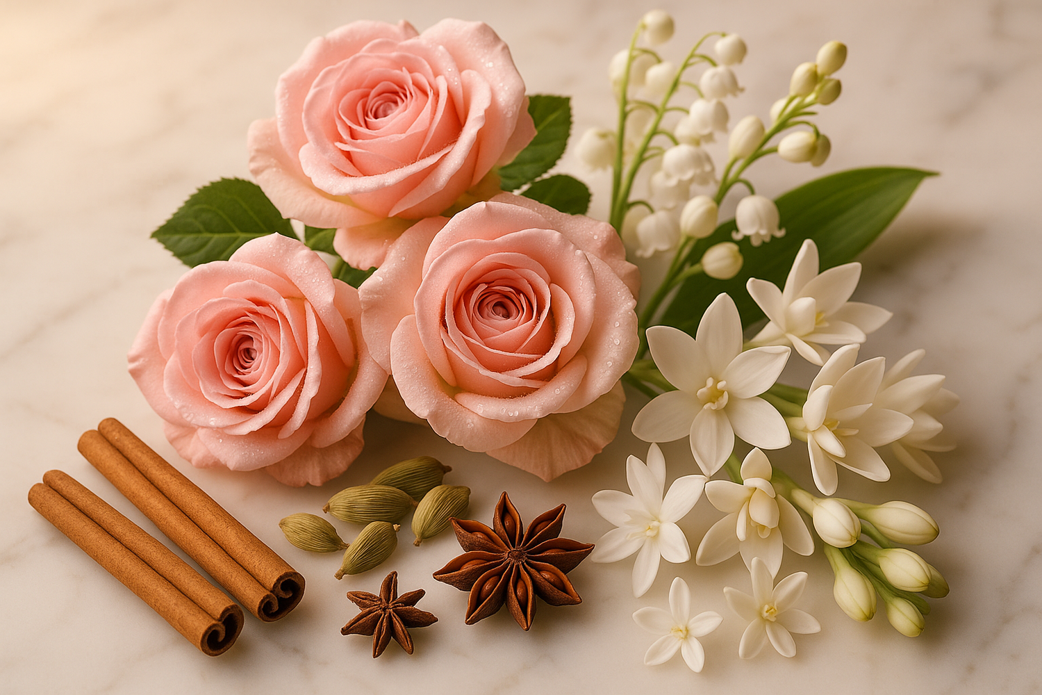 Give ingredient photo based on this story - At its heart, a seductive blend of rose, lily of the valley, and white florals is spiced to perfection