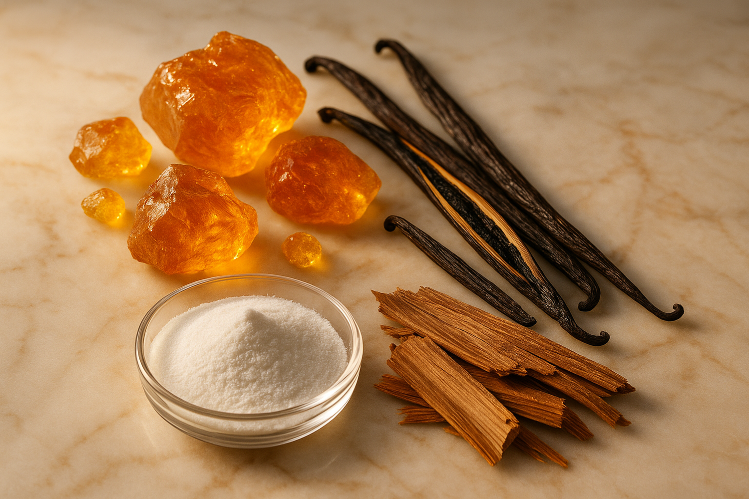 Give ingredient photo based on this story - As it settles, warm amber, creamy vanilla, musk, and cedarwood leave a lasting trail of sensual sophistication