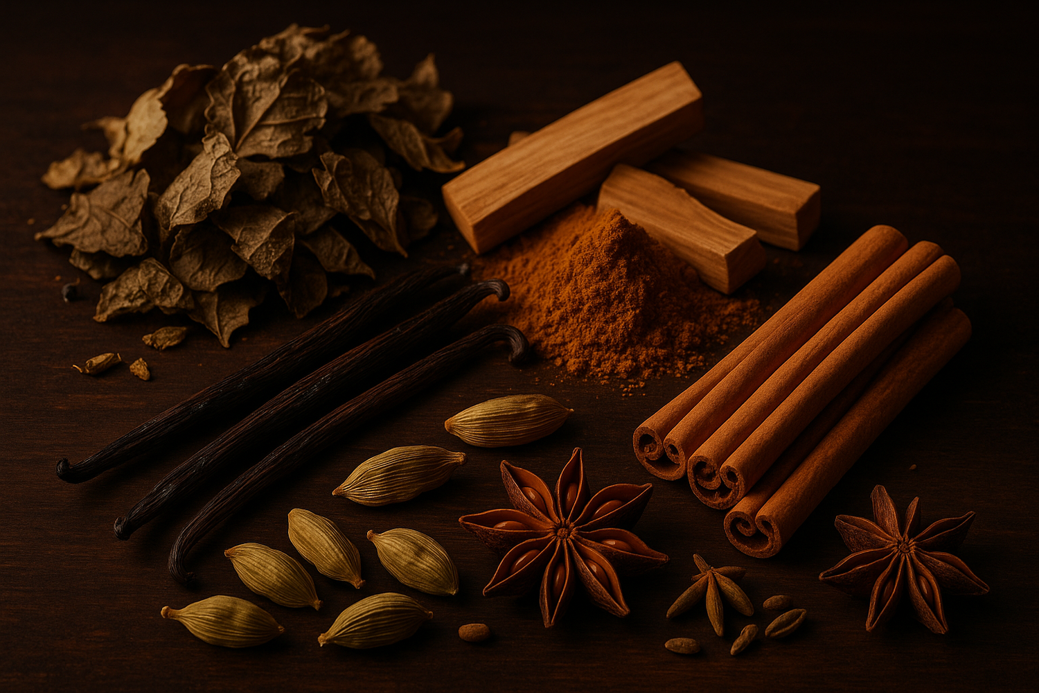 Give Ingredient photo based on this story - The base is warm and sensual, featuring musky patchouli, sandalwood, vanilla, and oriental accords, leaving a captivating and long-lasting trail