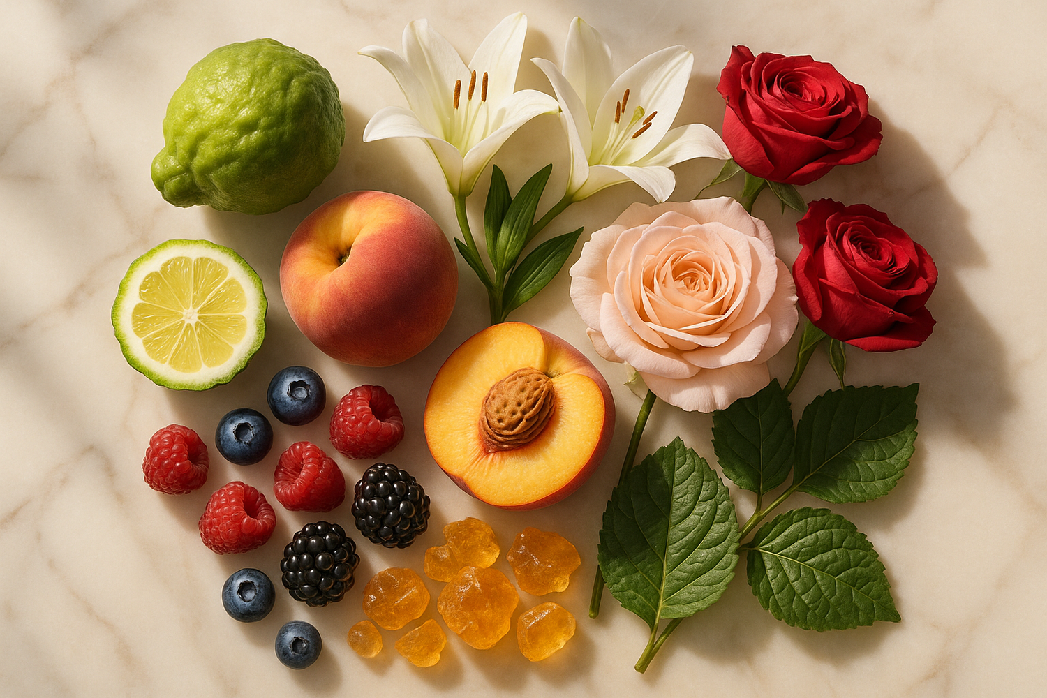 Give ingredient image based on this story -  Zesty bergamot and juicy fruits meet the elegance of lily and rose, settling into warm amber and earthy patchouli.