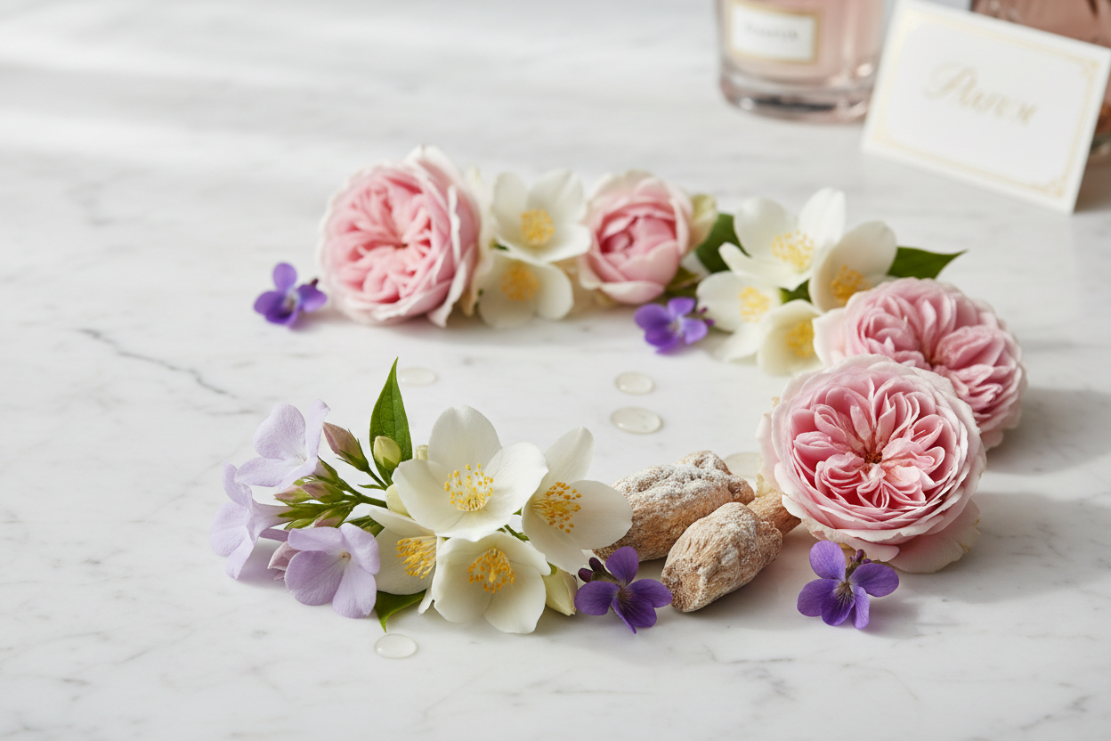 Give ingredient image - At the heart the scent unfolds with a soft floral blend of heliotrope, jasmine, orris, rose, and violet elegant and harmoniously layered