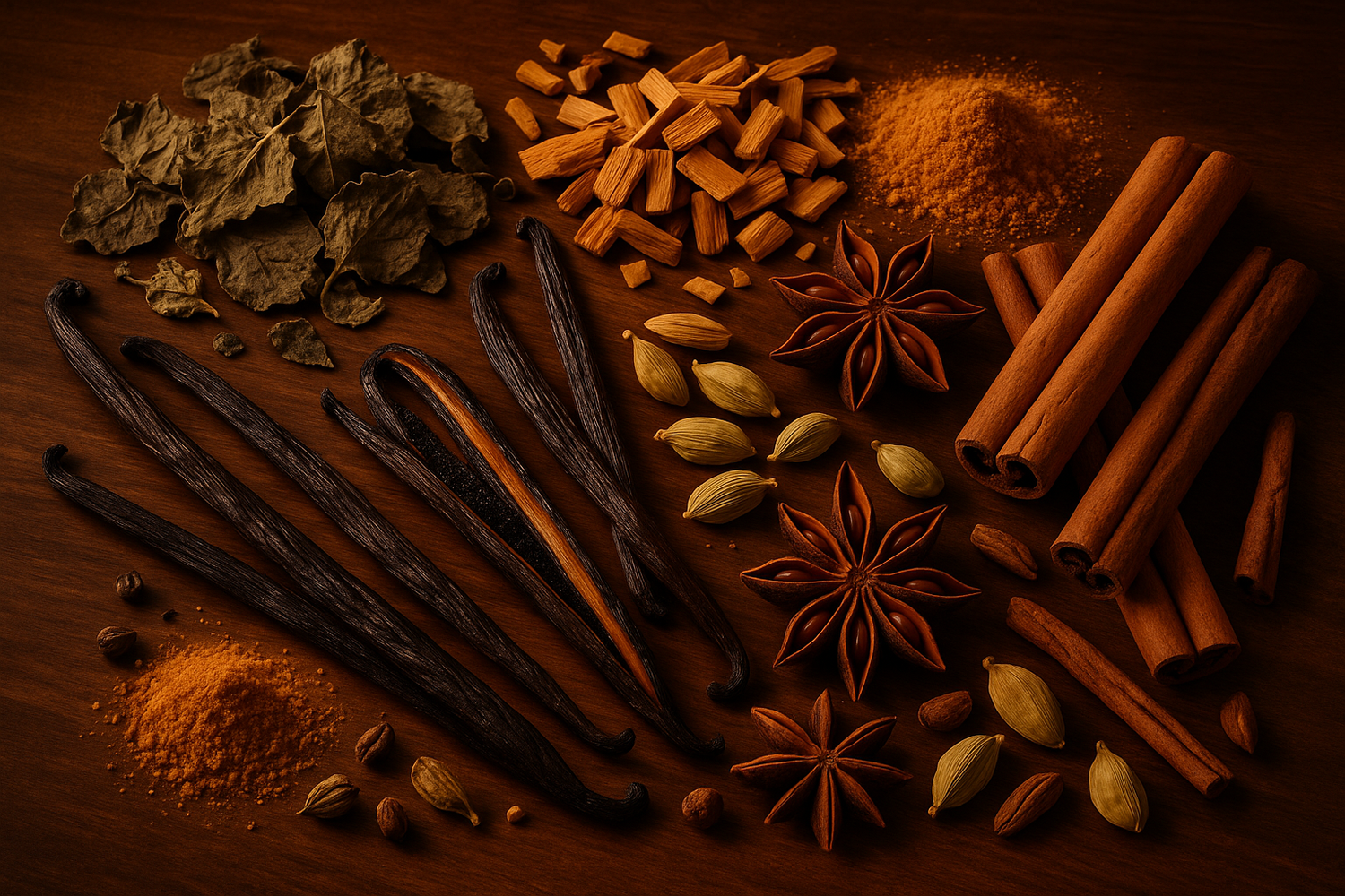 Give ingredient image based on this story - The base is warm and sensual, featuring musky patchouli, sandalwood, vanilla, and oriental accords
