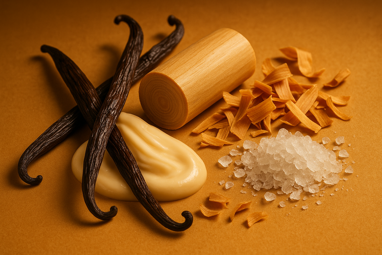 Give ingredient image based on this story - The scent finishes with a warm, comforting base of musk, creamy vanilla, and smooth sandalwood leaving a soft, irresistible trail