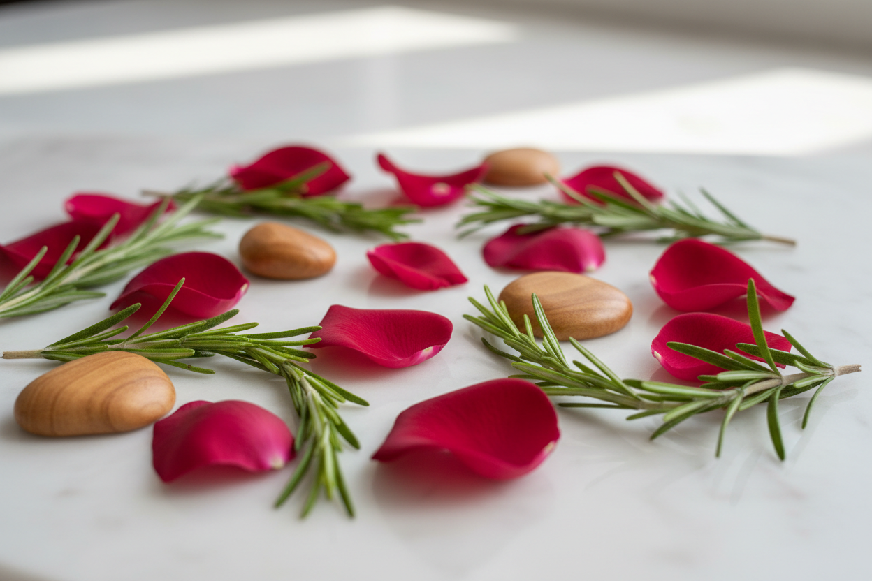 Give ingredient image - Blends with some aromatic rosemary and velvety rose entwined with the soft warmth of cashmere wood.