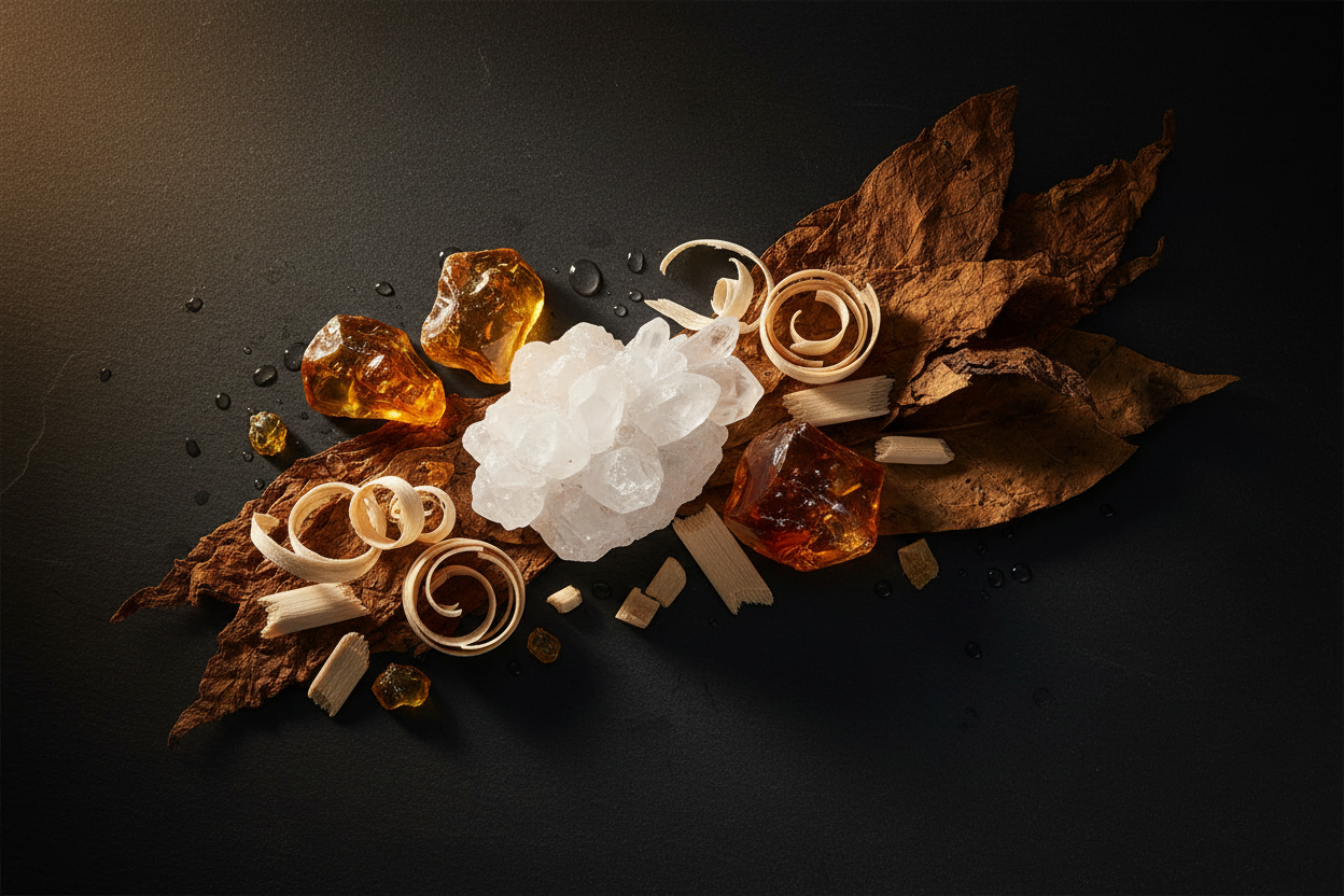 Give ingredient image - It dries down to a powerful base of musk, intense amber-xtreme, soft blonde woods, and rich tobacco sensual, confident, and unforgettable