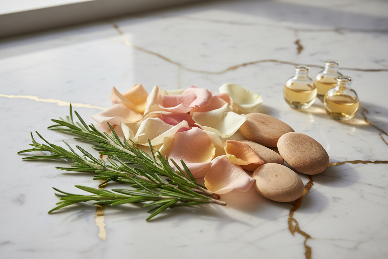 Give ingredient image  - The heart blends in aromatic rosemary, smooth cashmere wood, and elegant rose for a refined warmth