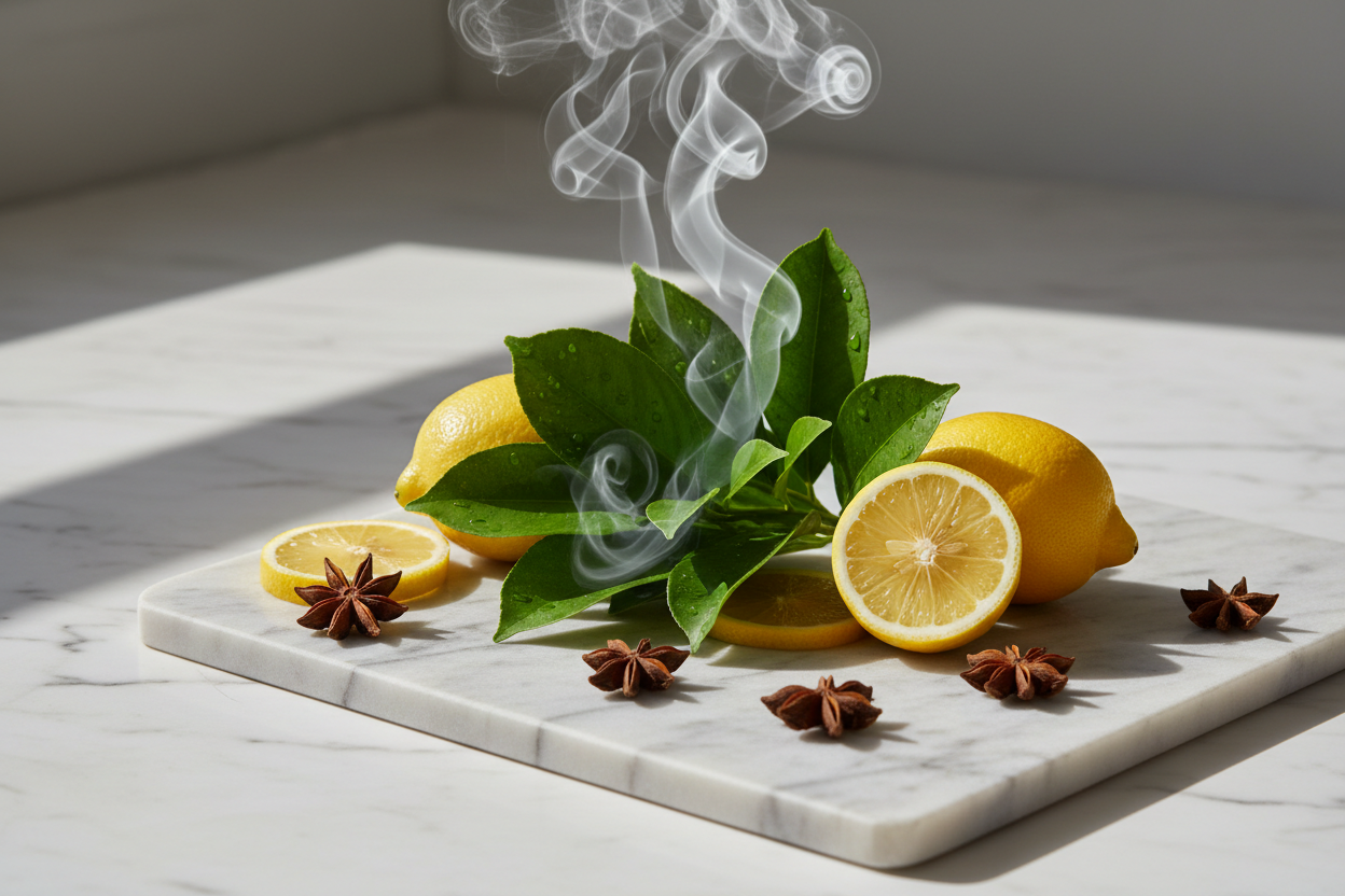 Give ingredient image - White Oud is a fresh and mysterious opening of green notes, incense, lemon, and star anise sparks intrigue from the first spray