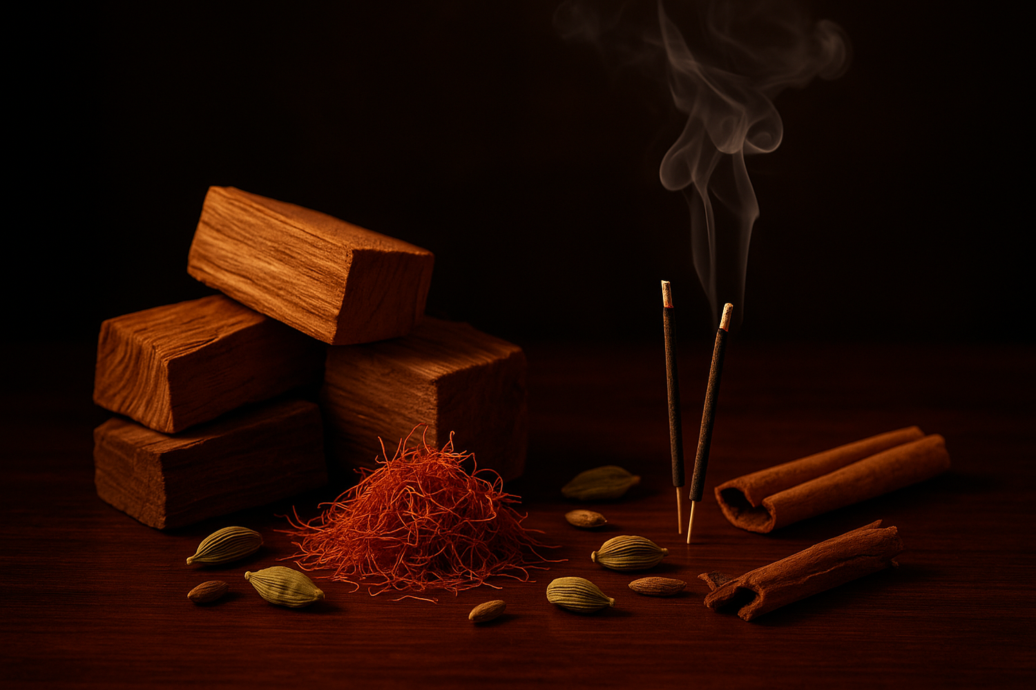 Give ingredient photo - As night deepened, the heart revealed itself warm cedarwood entwined with floral incense. Saffron threads and spicy notes bloomed softly, like secrets unfolding in the dark
