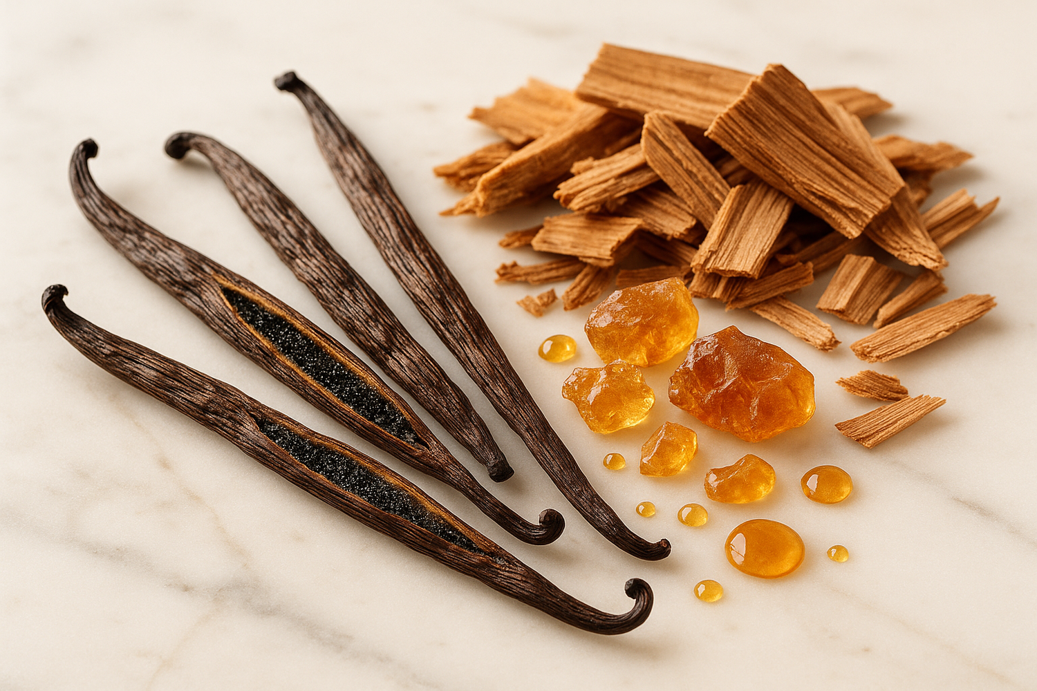 Give ingredient photo based on the following - Vanilla, Caramel, Cedarwood