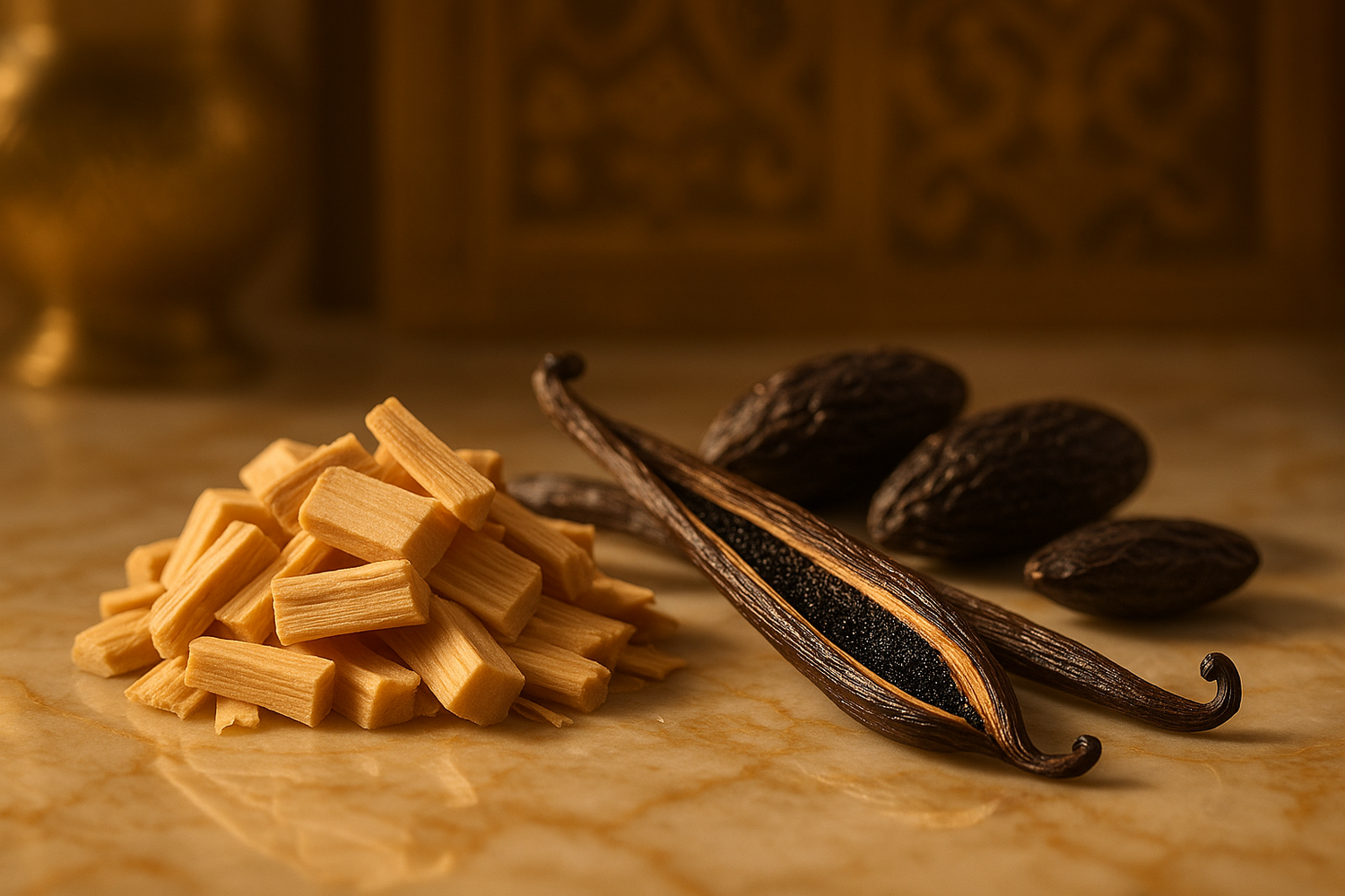 Give ingredient photo of this story - The creamy sandalwood, vanilla, and tonka coalesce into one, creating an exceptional oriental composition