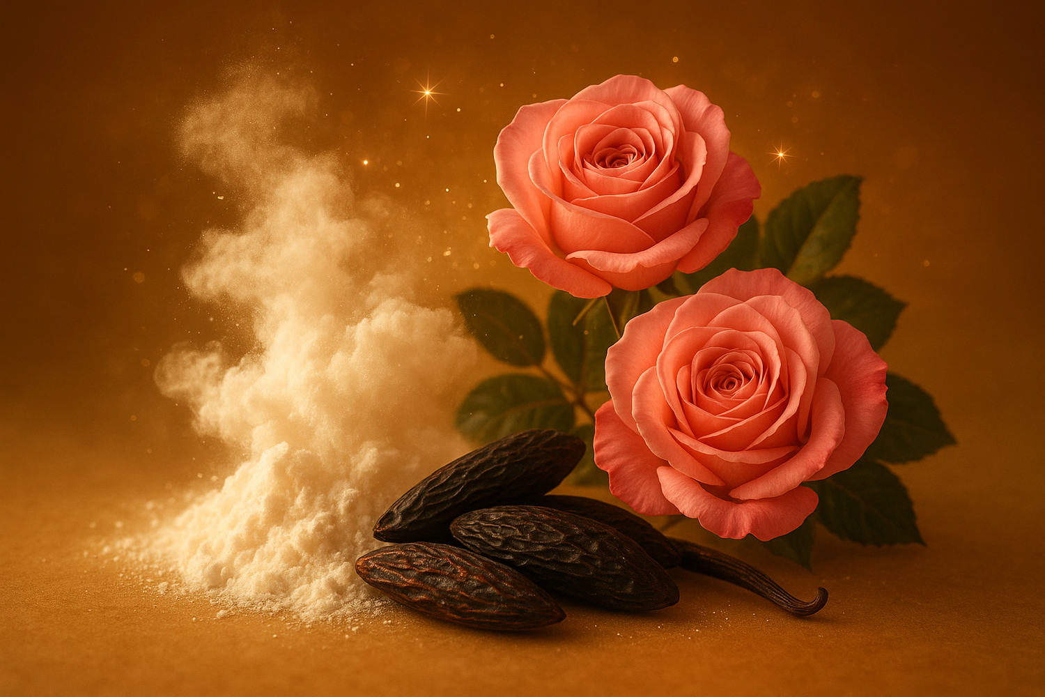 Give me ingredient description based on this story - The heart features a comforting mix of powdery musk, tonka bean, and rose, adding warmth and floral sweetness