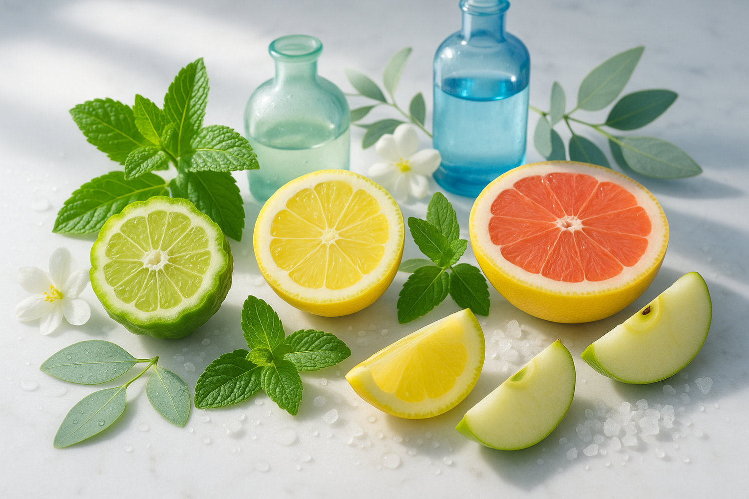 Give me ingredients based on this story - This fragrance opens with a refreshing and airy blend of fresh, fruity, and ozonic notes, evoking a clean and invigorating atmosphere