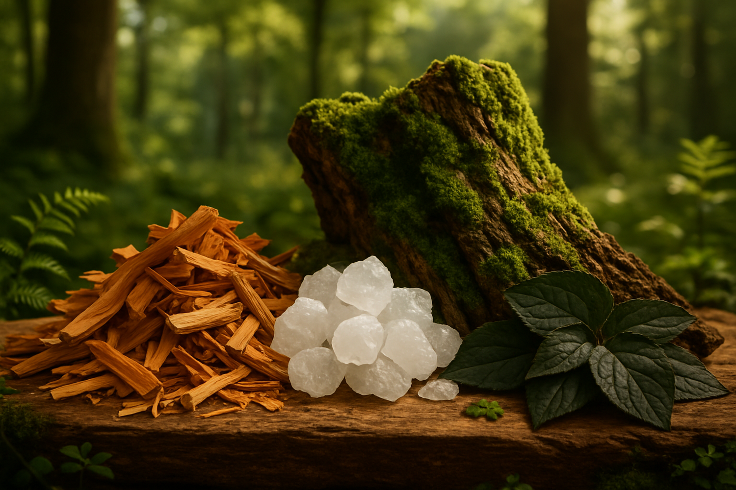 Give me ingredient description based on the following story - The base is grounding and earthy, featuring sandalwood, musk, moss, and patchouli, leaving a smooth, natural, and long-lasting trail. Perfect for those who love a fresh, green, and subtly woody scent