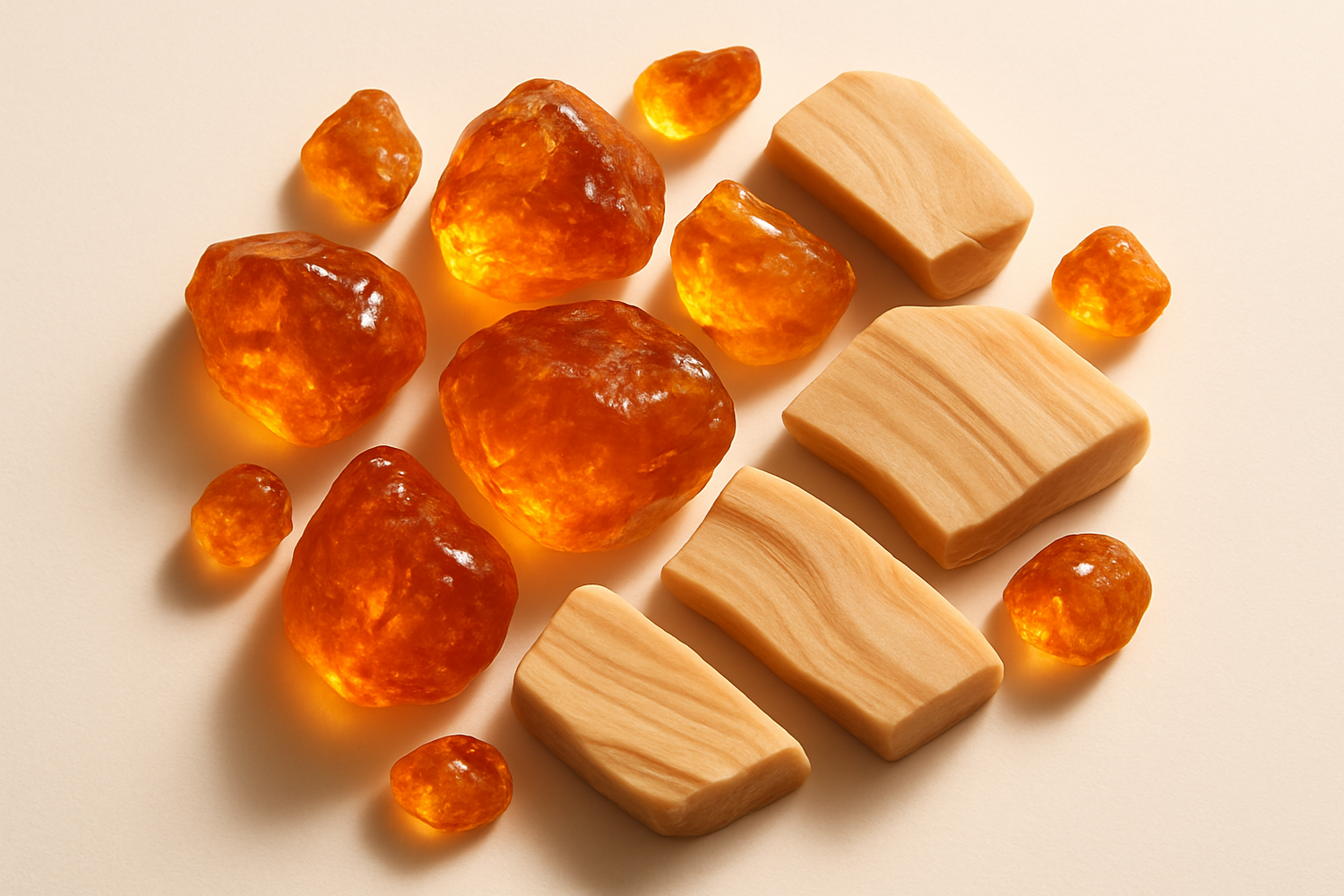 Give ingredient photo based on this image - At its heart, warm amber and creamy sandalwood blend seamlessly, adding richness and depth