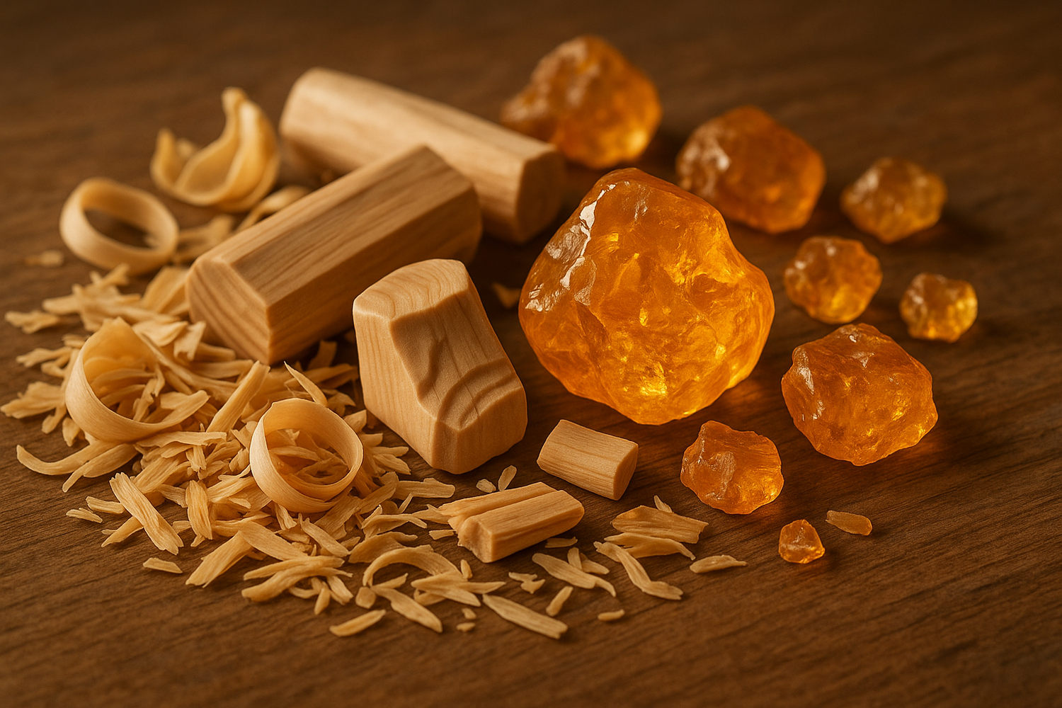 Give me ingredient photo based on this story - Grounded by the warm, earthy embrace of sandalwood and golden amber, it lingers with an elegant, comforting depth