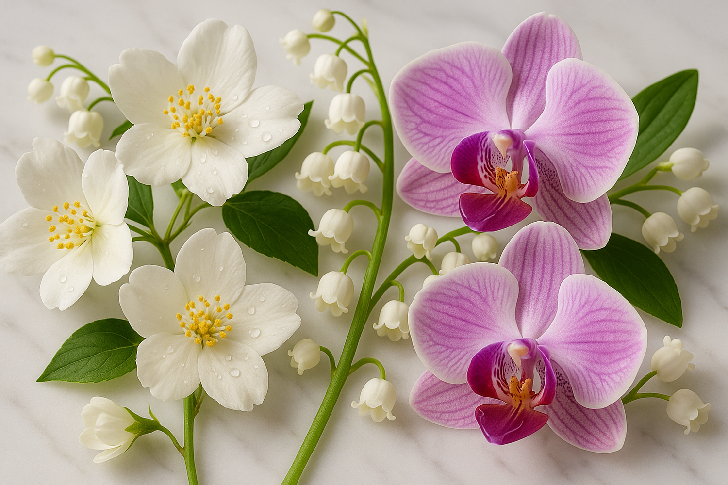 Give me ingredient photo based on the following story - The heart blooms with elegant jasmine, lily of the valley, and exotic orchid, creating a delicate floral harmony