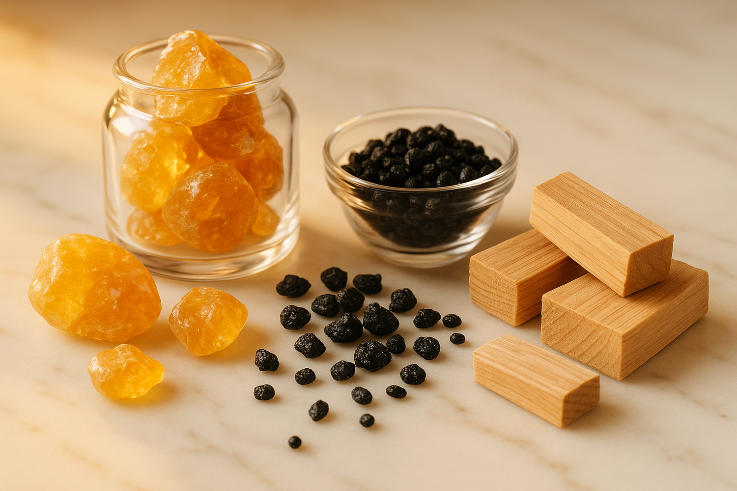 Give ingredient photo based on the following story - A warm, sensual base of ambergris, musk, and smooth sandalwood adds lasting depth. Uplifting, graceful, and effortlessly modern