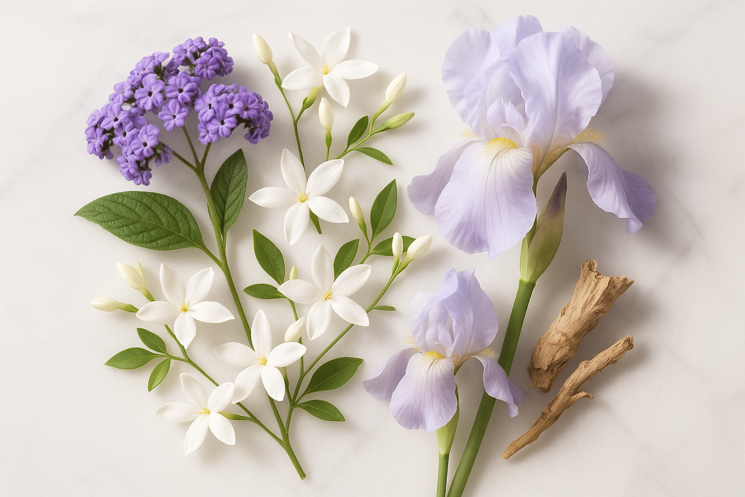 Give ingredient photo of this story - At its heart, delicate heliotrope, jasmine, and orris lend a powdery floral elegance. 