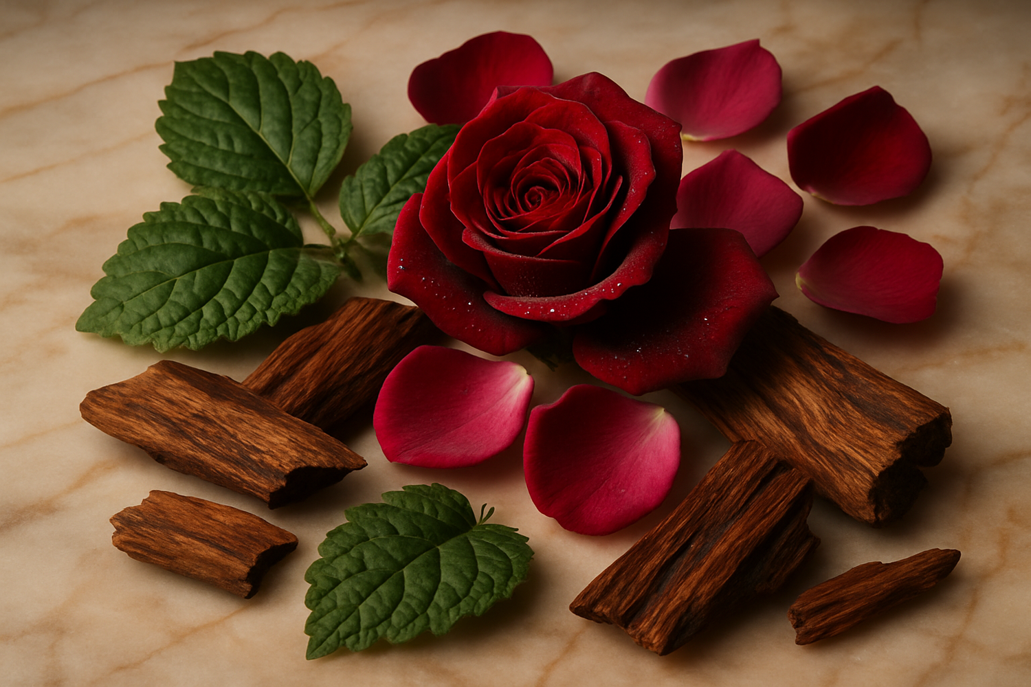 Give me ingredient photo based on this story - In the heart, a regal bouquet of rose blooms over earthy patchouli and the smoky elegance of dry woods, evoking a timeless allure.