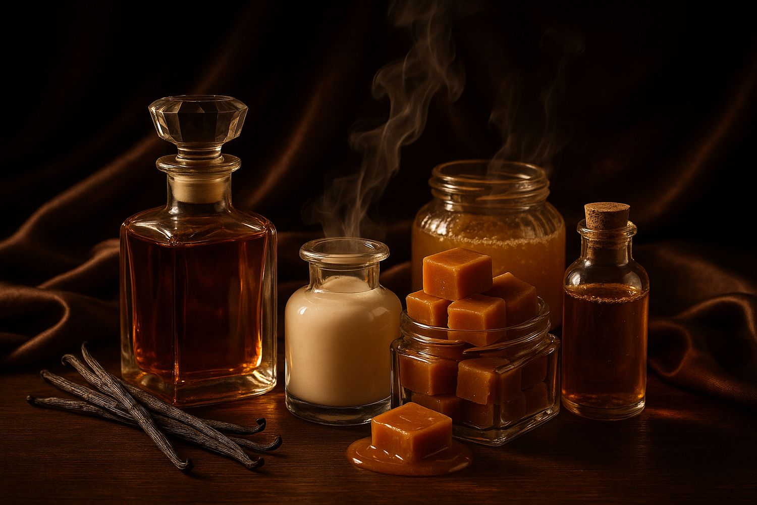 Give ingredient photo based on this story - As the night deepens, the base lingers with the soft embrace of musk, doubled vanilla, and an irresistible gourmand whisper leaving behind a trail that is both decadent and unforgettable