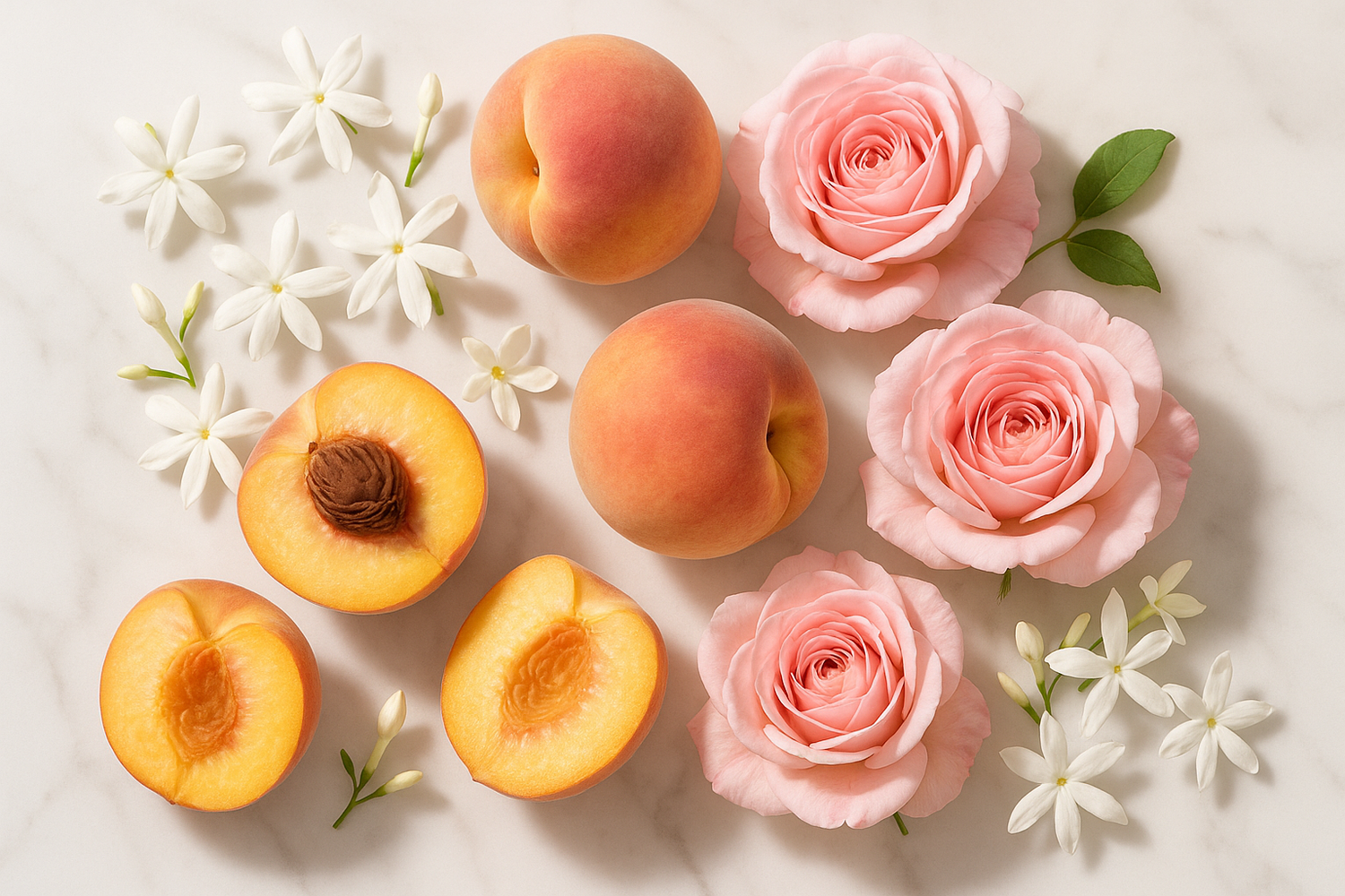 Give ingredient photo based on this story - At its heart, a delicate bouquet of jasmine, rose, and juicy peach adds floral sweetness