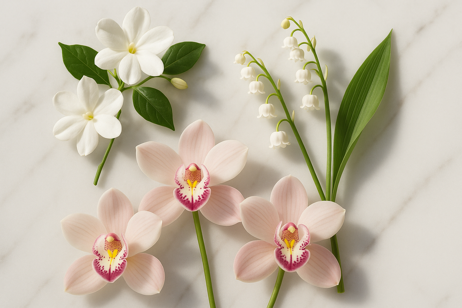 Give ingredient image based on this story - The heart blooms with the elegant florals of jasmine, lily of the valley, and orchid, adding a touch of sophistication
