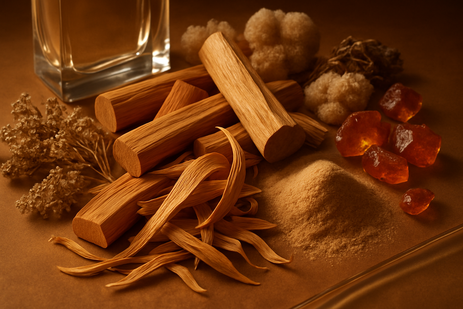 Give ingredient photo based on this description - The scent settles into a warm, sensual base of musk, and smooth sandalwood, creating a rich, lasting impression