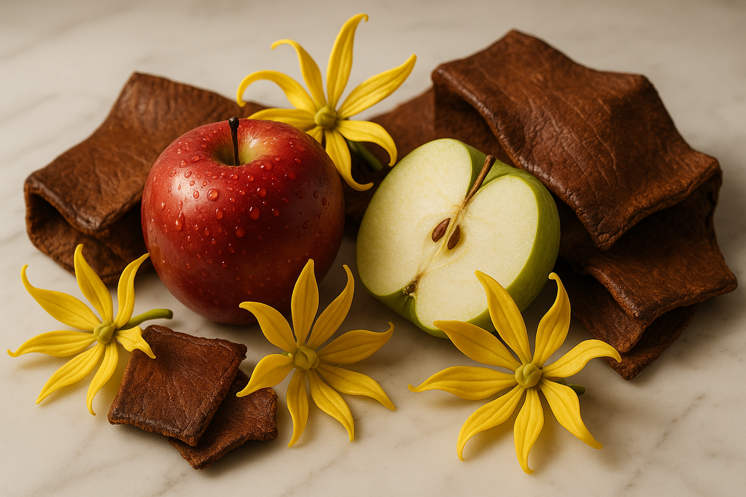Create an ingredient image based on this story - Leading into a heart of exotic ylang, crisp apple, and rugged leather.
