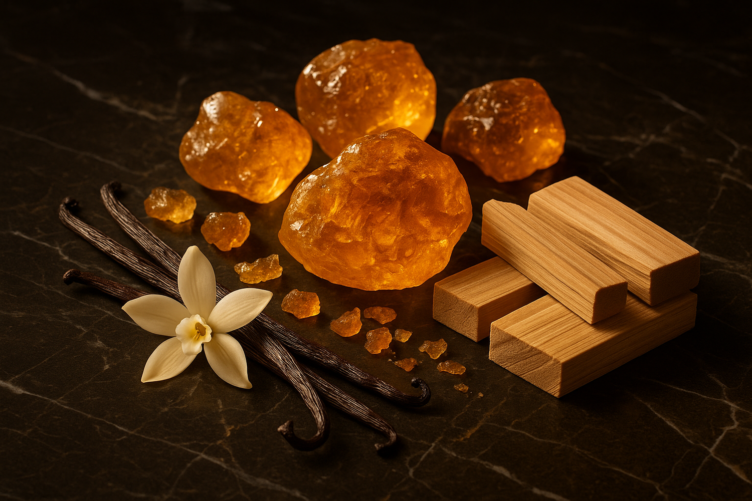 Give ingredient photo based on these perfume notes - Rich amber weaves its way into the blend, exuding a comforting and sensual aura. The scent of vanilla adds a creamy sweetness, enhancing the overall allure of the fragrance. The woody nuances of sandalwood provide a touch of earthiness and sophistication, grounding the composition with its smooth and velvety character.